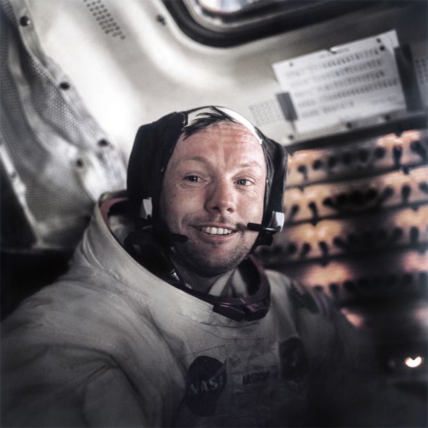Armstrong in the lunar module after completing his moonwalk, captured by Aldrin.<br />