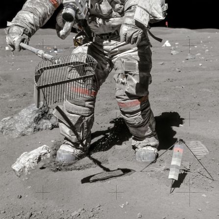 Commander John Young rakes for samples during Apollo 16's 71-hour stay on the surface of the moon in April 1972.