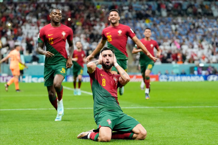 Portugal's Bruno Fernandes celebrates after scoring his second goal in the 2-0 victory over Uruguay on November 28. The win clinched Portugal's spot in the knockout stage.