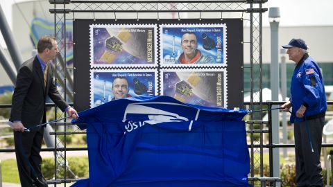 Shepard is commemorated as one of two USPS stamps released in 2011 to celebrate the Mercury Project and Messenger Mission respectively.