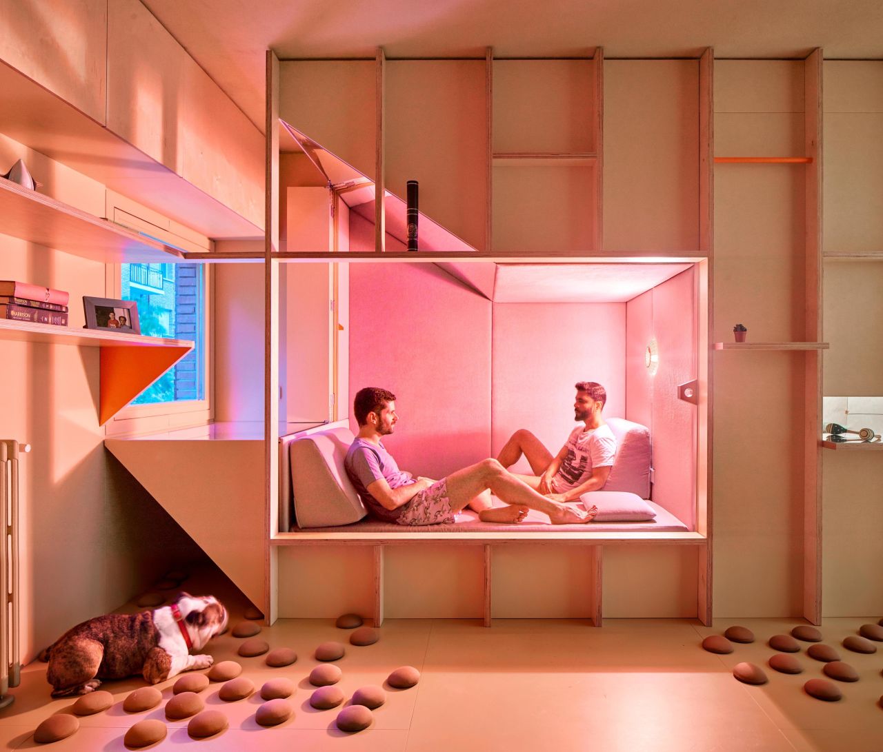 <strong>A Guy, a Bulldog, a Vegetable Garden and the Home They Share, Madrid, Spain, Husos Arquitecturas (2018) -- </strong>This doctor's apartment conversion was tailored to the needs of his demanding shift work, and his dog. The space was opened up, introducing more light and cooler temperatures, and nooks and surfaces made multifunctional. Graywater from the shower is collected and used in the balcony garden.