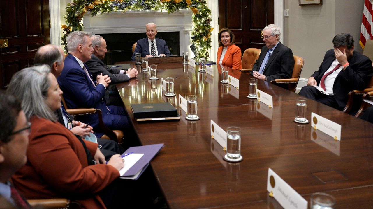 US President Joe Biden, center, meets with congressional leaders in the Roosevelt Room of the White House in Washington, DC, US, on Tuesday, Nov. 29, 2022. Biden is moving to prevent a looming shutdown of the nation's freight railroads with the US House preparing to take up a bill this week to impose a settlement over the objections of some unions. Photographer: Yuri Gripas/Abaca/Bloomberg via Getty Images