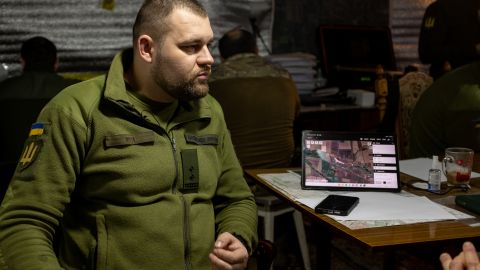 Pavlo, a Ukrainian commander, in his basement post.