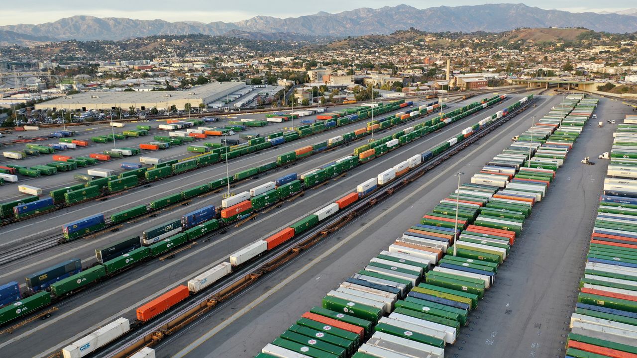 LOS ANGELES, CALIFORNIA - NOVEMBER 21: In an aerial view, shipping containers and rail cars sit in a Union Pacific Intermodal Terminal rail yard on November 21, 2022 in Los Angeles, California. A national rail strike could occur as soon as December 5 after the nation's largest freight rail union, SMART Transportation Division, voted to reject the Biden administration's contract deal. About 30 percent of the nation's freight is moved by rail with the Association of American Railroads estimating that a nationwide shutdown could cause $2 billion a day in economic losses. (Photo by Mario Tama/Getty Images)