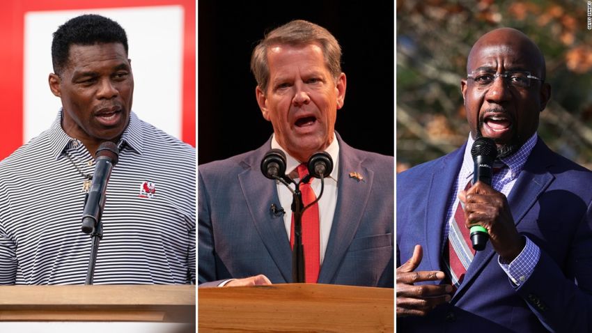 (L-R) Republican Herschel Walker, Republican Gov. Brian Kemp and Georgia Democratic Senate candidate Rev. Raphael Warnock.