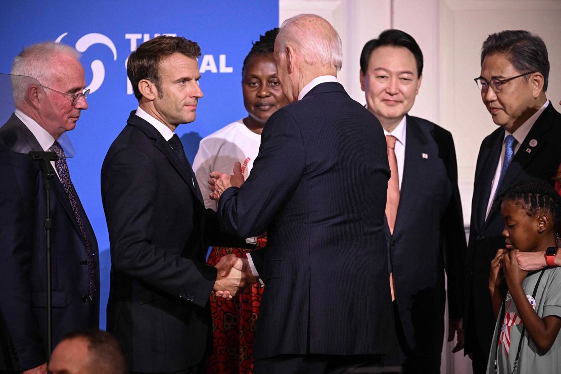 US President Joe Biden (back to camera) shakes hands with French President Emmanuel Macron during the Global Fund Seventh Replenishment Conference in New York on September 21, 2022. 