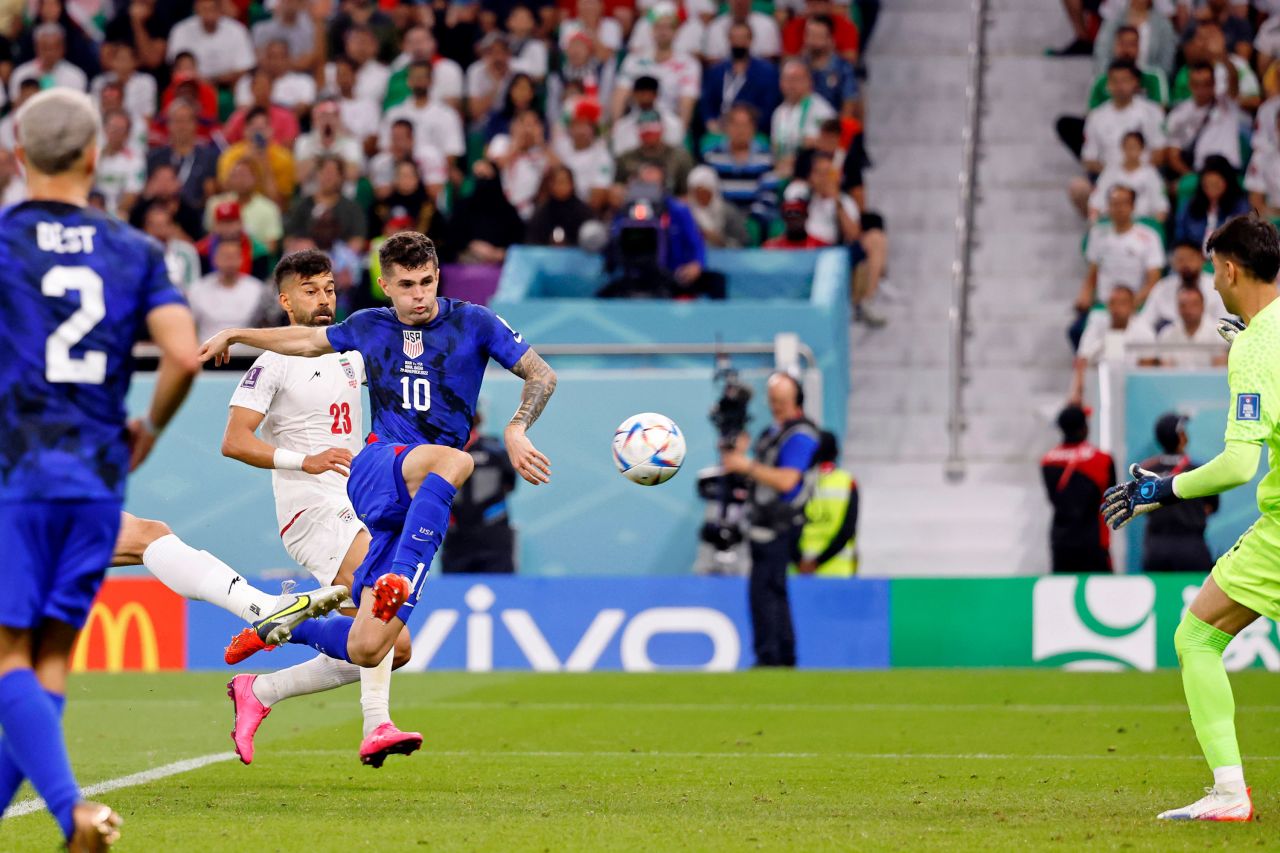 The United States' Christian Pulisic scores the only goal in the World Cup match against Iran on Tuesday, November 29. With <a href=