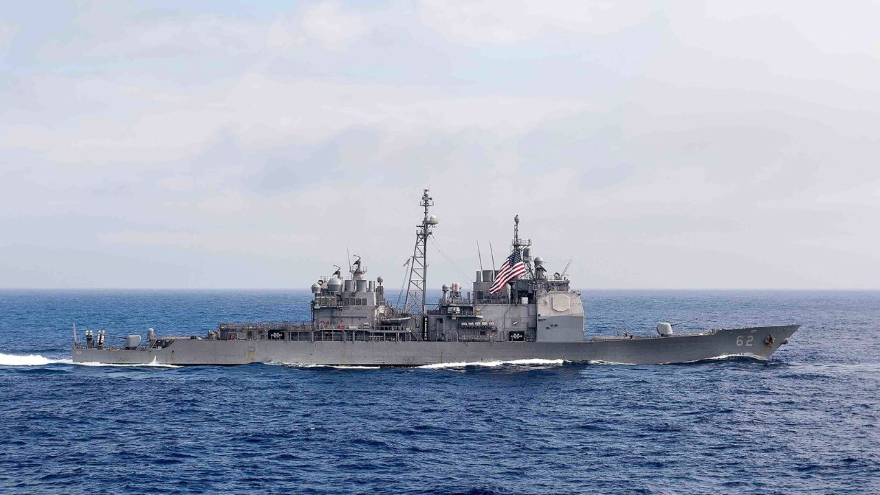 The guided-missile cruiser USS Chancellorsville transits the Philippine Sea in 2016. 
