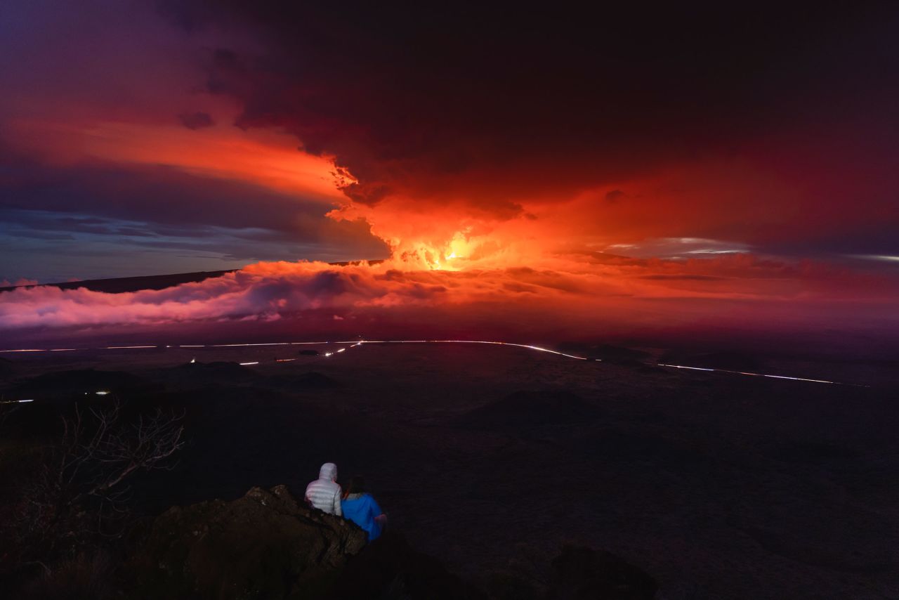 In this photo, taken with a long exposure, the Mauna Loa volcano erupts on Hawaii's Big Island on Monday, November 28.