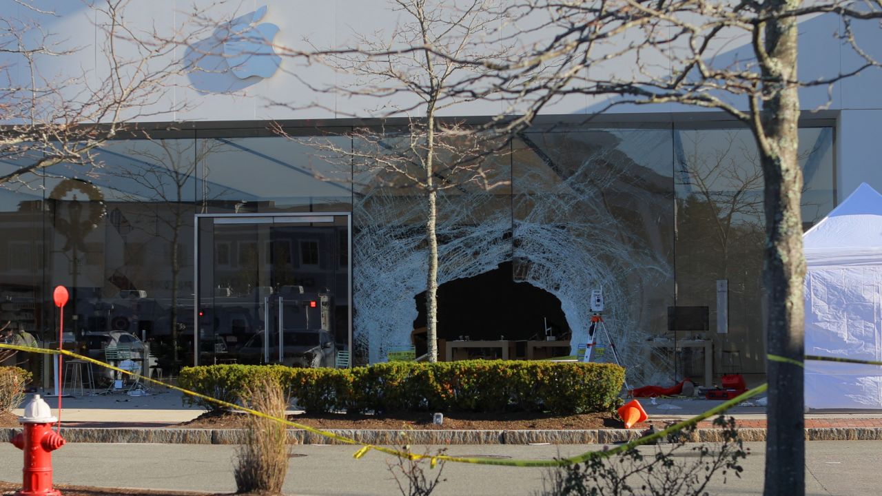 The crash site after a vehicle crashed into an Apple store in Hingham, Massachusetts,  November 21, 2022. 