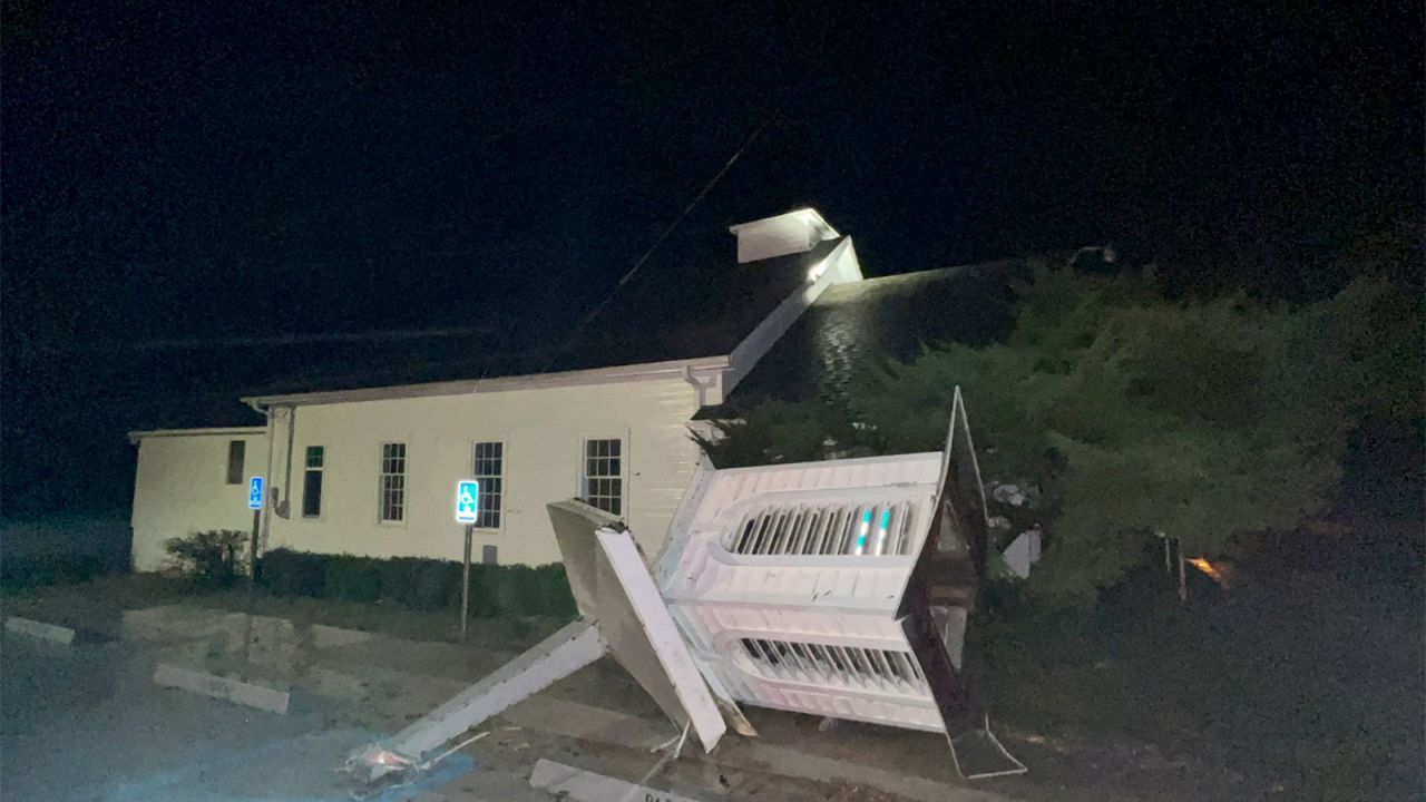 A steeple was blown off a church in the community of Steens, Mississippi, after a strong storm moved through the area Tuesday.
