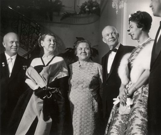 Nikita Khrushchev, left, was the first Soviet head of state to visit the United States. His wife, Nina, is seen at center between US President Dwight D. Eisenhower and first lady Mamie Eisenhower in 1959. After Roosevelt, state dinners became a delicate dance of strategy during the Cold War era. Costello said the official visits were opportunities to pull Western allies closer, or to try to thaw icier relationships.