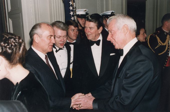 Soviet leader Mikhail Gorbachev, left, shakes hands with baseball legend Joe DiMaggio while attending a state dinner at the White House in 1987. At center is US President Ronald Reagan. "The Reagans loved to throw state dinners," Costello said. "In the 80s, global change was reaching a fever pitch, and Reagan had secured the admiration of several leaders."