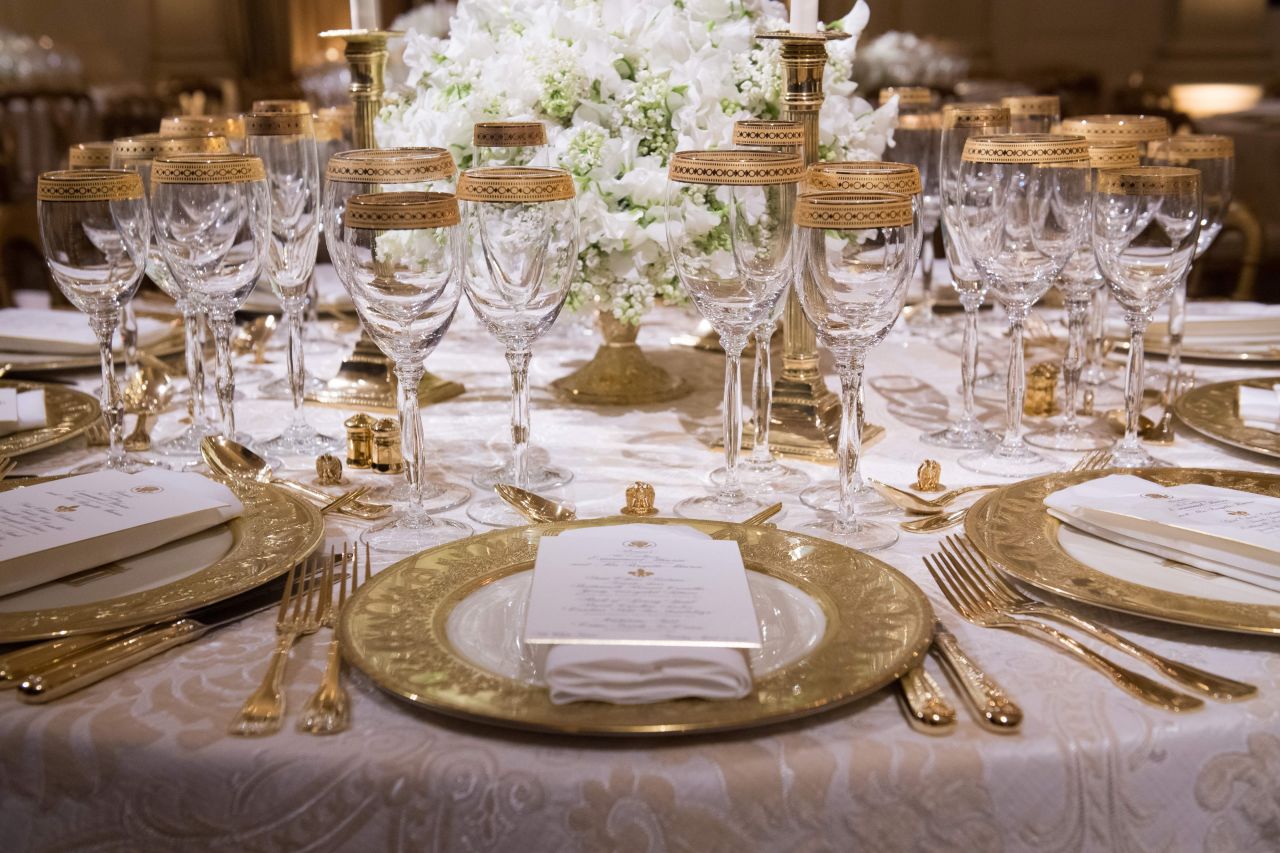 The White House's State Dining Room is seen ahead of a state dinner honoring French President Emmanuel Macron in 2018.