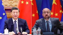(Left) In this photo released by China's Xinhua News Agency, Chinese President Xi Jinping speaks during a video meeting with European Council President Charles Michel and European Commission President Ursula von der Leyen in Beijing, Friday, April 1, 2022. (Right) European Council President Charles Michel speaking via video link at the EU-China summit at the European Council building in Brussels on the same day. 