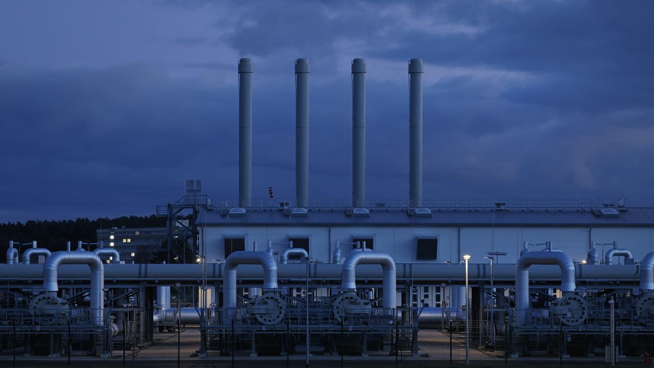 The receiving station for the now-defunct Nord Stream 2 gas pipeline stands at twilight on February 02, 2022 near Lubmin, Germany. Nord Stream 2, which is owned by Russian energy company Gazprom, was due to transport Russian natural gas from Russia to Germany before Berlin halted the project's certification in February after Moscow invaded Ukraine.