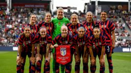 The starters of USA Womens National Team, Casey Murphy, Alana Cook, Becky Sauerbrunn, Kelley OHara, Ashley Hatch, Mallory Pugh, Lindsey Horan, Sophia Smith, Rose Lavelle, And Sullivan, and Emily Fox, stand for the starting eleven photo before a friendly match between the United States and Columbia on June 25, 2022.