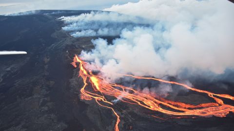 This aerial photo was taken Monday during an overflight of the Northeast Rift Zone eruption of Mauna Loa volcano in Hawaii.