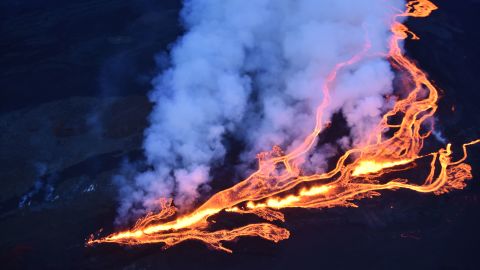 An aerial photograph taken during an overflight of the Northeast Rift Zone eruption of Mauna Loa at approximately 5-6:30 p.m. Monday.