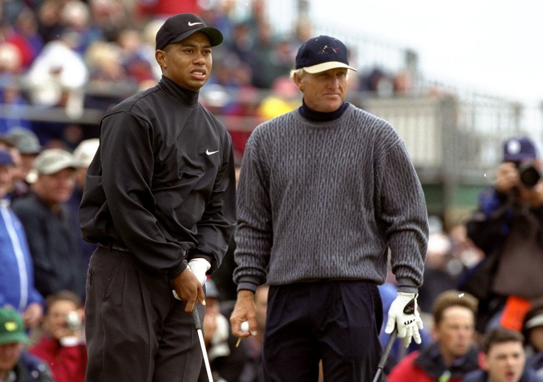 Woods and Norman play at the Open Championship in Carnoustie, Scotland in 1999.
