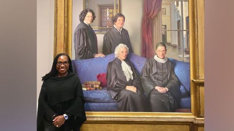 Supreme Court Justice Ketanji Brown Jackson visited the National Portrait Gallery, stopping at a painting of Justices Sandra Day O'Connor, Ruth Bader Ginsburg, Sonia Sotomayor and Elena Kagan.