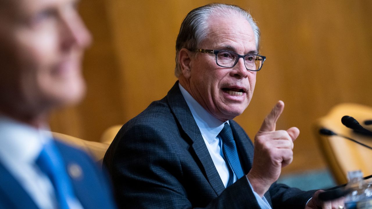 UNITED STATES - MARCH 30: Sen. Mike Braun, R-Ind.,  questions Shalanda D. Young, director of the Office of Management and Budget during the Senate Budget Committee hearing titled The President's Fiscal Year 2023 Budget Proposal, in Dirksen Building on Wednesday, March 30, 2022. Sen. Rick Scott, R-Fla., appears at left.