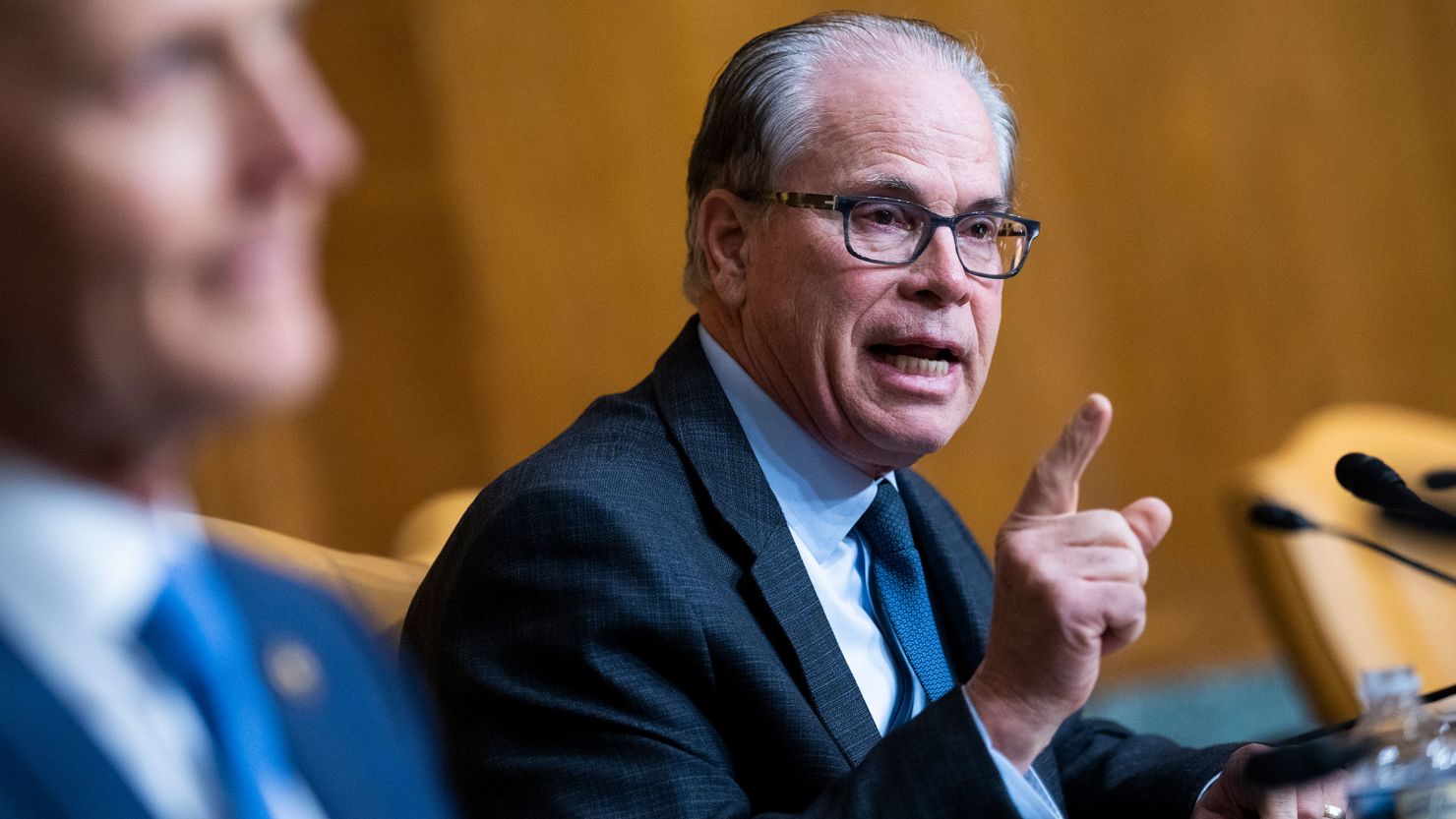 Indiana Sen. Mike Braun takes part in a Senate Budget Committee hearing on Capitol Hill in Washington, DC, on March 30, 2022.