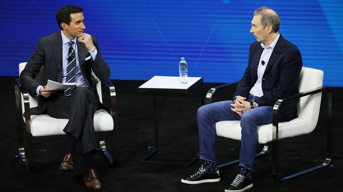 Andrew Ross Sorkin speaks with Amazon CEO Andy Jassy during the New York Times DealBook Summit in the Appel Room at the Jazz At Lincoln Center on November 30, 2022 in New York City. 