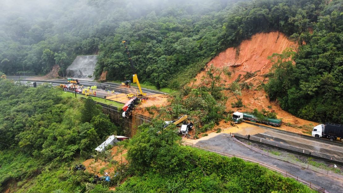 An aerial view shows a landslide on the BR-376 highway after heavy rains in Parana state, Brazil.