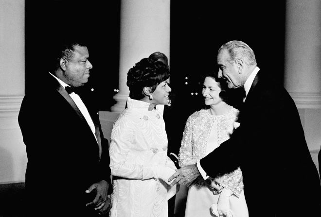 US President Lyndon B. Johnson welcomes Barbados Prime Minister Errol W. Barrow and his wife, Carolyn, for a state dinner in 1968. Johnson threw 54 state dinners during his time in office, which is more than any other president.