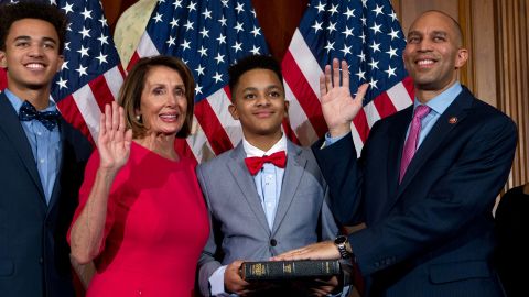 House Speaker Nancy Pelosi administers the House oath of office to Rep. Hakeem Jeffries, during a ceremonial swearing-in on Capitol Hill in Washington, Thursday, Jan. 3, 2019.