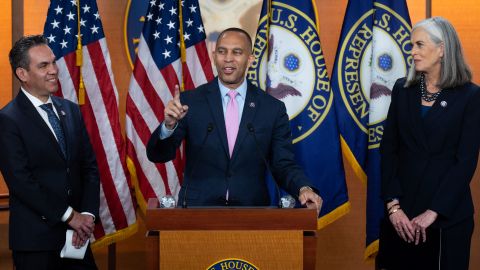From left, Rep. Pete Aguilar, Rep. Hakeem Jeffries and Rep. Katherine Clark hold a nws conference after being elected to the House Democrats leadership for the 118th Congress in the Capitol on Wednesday, November 30, 2022. 