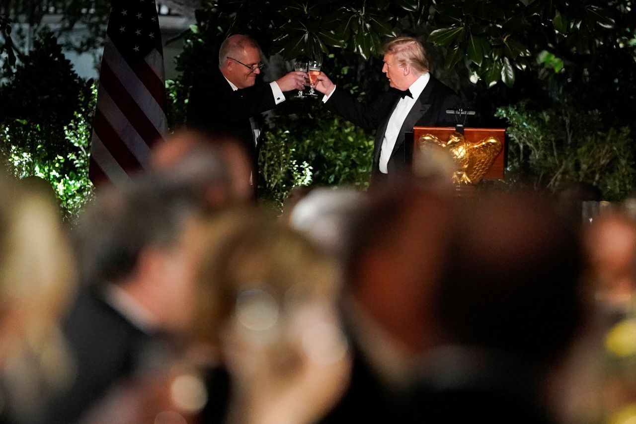 Trump and Australian Prime Minister Scott Morrison share a toast at a state dinner in 2019. It was Trump's last state dinner.