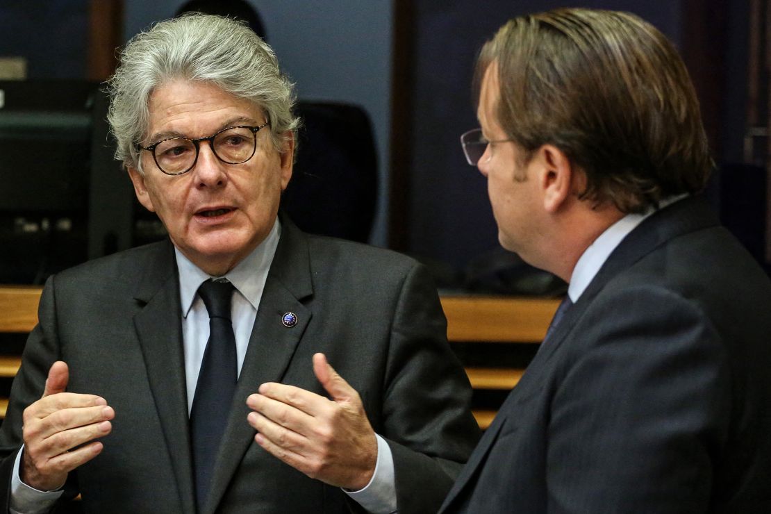 European commissioner for internal market Thierry Breton (L)  attends the weekly College meeting at the European Commission headquarters in Brussels, Belgium on November 9, 2022. 