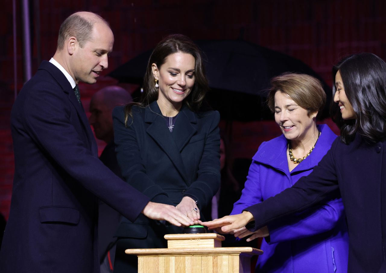 William and Kate are joined by Wu and Massachusetts Gov.-elect Maura Healey as they kick off Earthshot celebrations on Wednesday. With the push of a button, they lit the civic building and other landmarks in green.