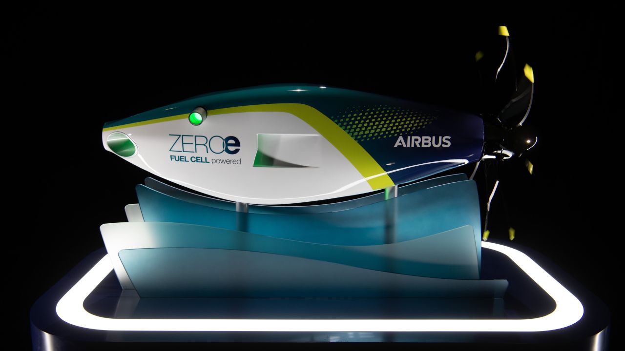 A model of the Airbus ZEROe Fuel Cell Engine, unveiled on November 30. Hydrogen fuel cells emit only water and warm air.