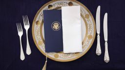 A table is set during a media preview ahead of the State Dinner in honor of French President Emmanuel Macron, in the State Dining Room of the White House in Washington, DC, on November 30, 2022. (Photo by Oliver Contreras / AFP) (Photo by OLIVER CONTRERAS/AFP via Getty Images)
