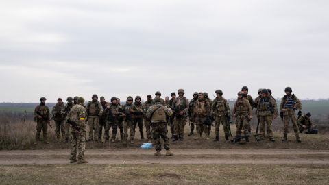 Ukrainian soldiers after military training simulating an attack in the trenches for the counteroffensive to recapture Kherson. 
