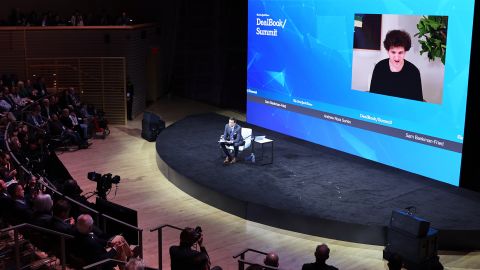 Andrew Ross Sorkin interviews FTX founder Sam Bankman-Fried during the New York Times DealBook Summit