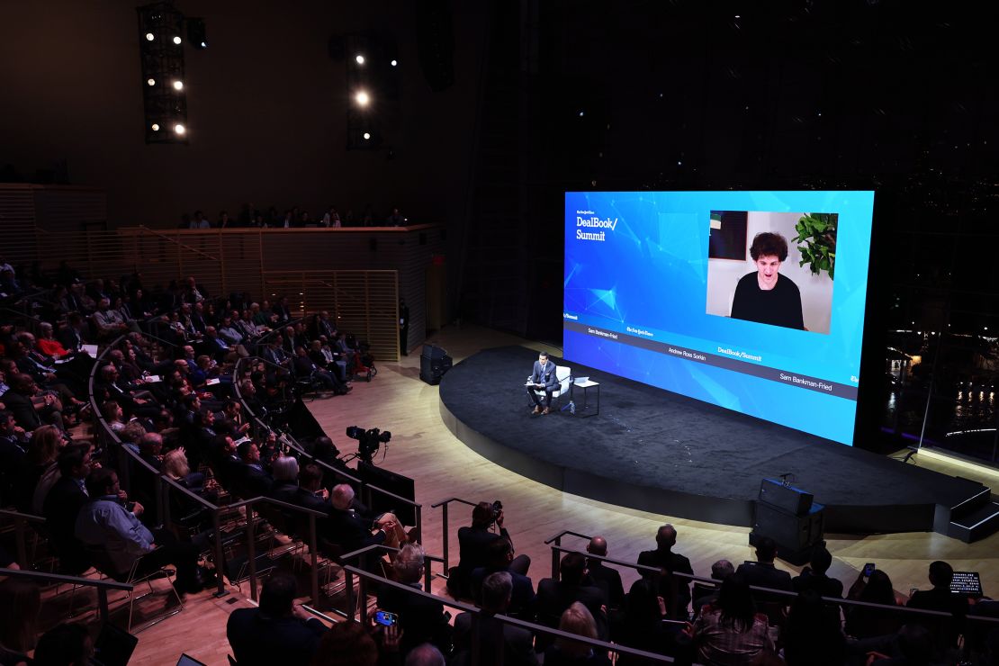 Andrew Ross Sorkin interviews FTX founder Sam Bankman-Fried during the New York Times DealBook Summit