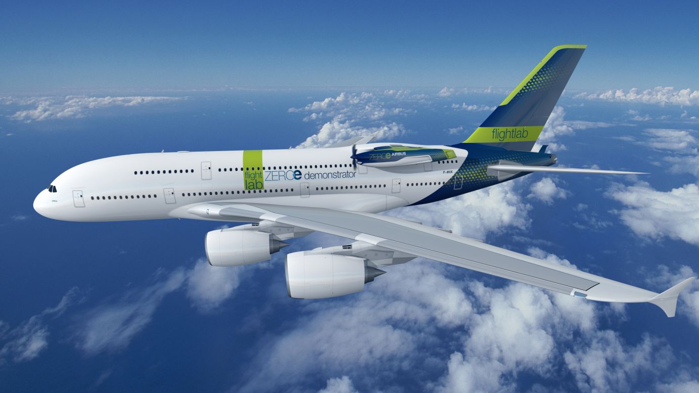 A rendering of the Airbus ZEROe: Fuel Cell Engine Demonstrator, a concept for a converted Airbus A380 featuring hydrogen fuel cell engines (pictured above and behind the wings). Airbus says it's planning test flights for around 2026, part of its long-term ambition to launch a zero-emission commercial aircraft by 2035.