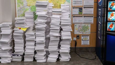 Stacks of ballot paper are seen in the foyer of the Luzerne County Bureau of Elections in Wilkes-Barre, Pennsylvania, on November 8, 2022. 