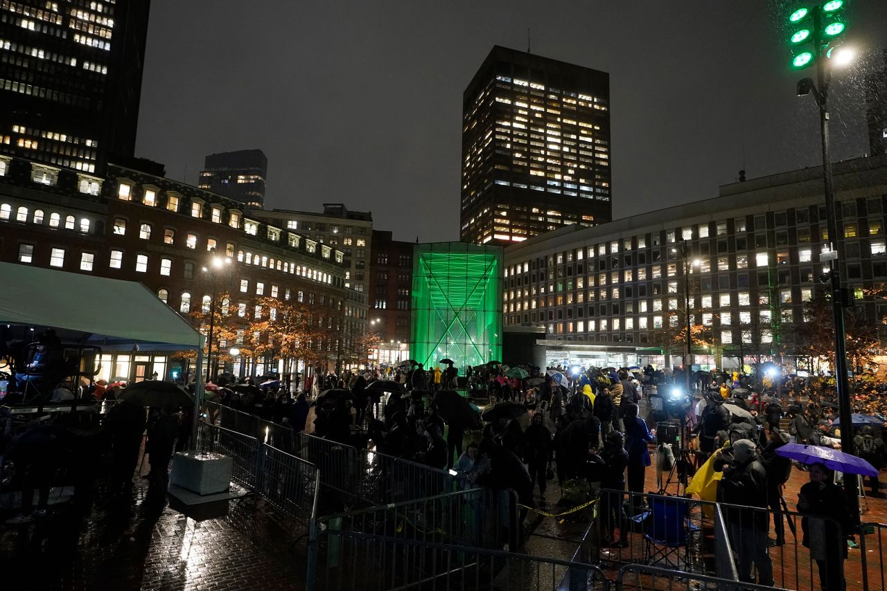 A Boston subway station is illuminated green following Wednesday's lighting ceremony.