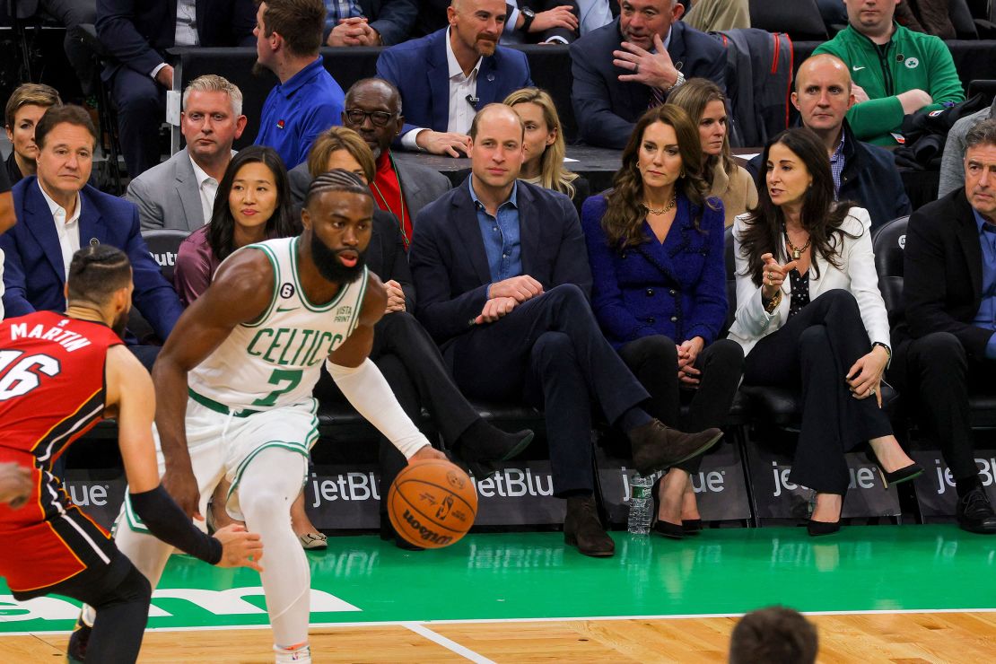 Mayor of Boston Michelle Wu; Governor-elect Maura Healey; Prince William; Catherine, Princess of Wales; Emilia Fazzalari and her husband Celtics owner Wyc Grousebeck watch the Boston Celtics and the Miami Heat play on November 30, 2022.