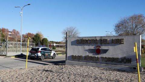 A police vehicle was seen entering the Torrejon airbase near Madrid on Thursday, where a suspected explosive device was hidden in an envelope sent there.