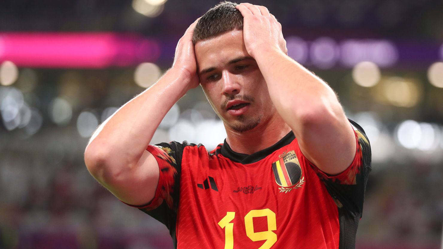 Leander Dendoncker reacts during the World Cup Group F match between Croatia and Belgium at Ahmad Bin Ali Stadium.