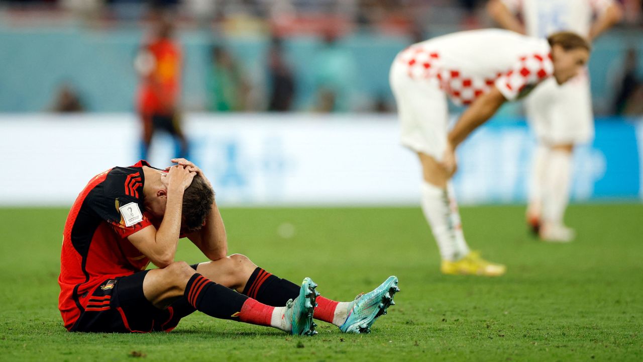 Belgium's Timothy Castagne looks dejected after being eliminated from the World Cup. 