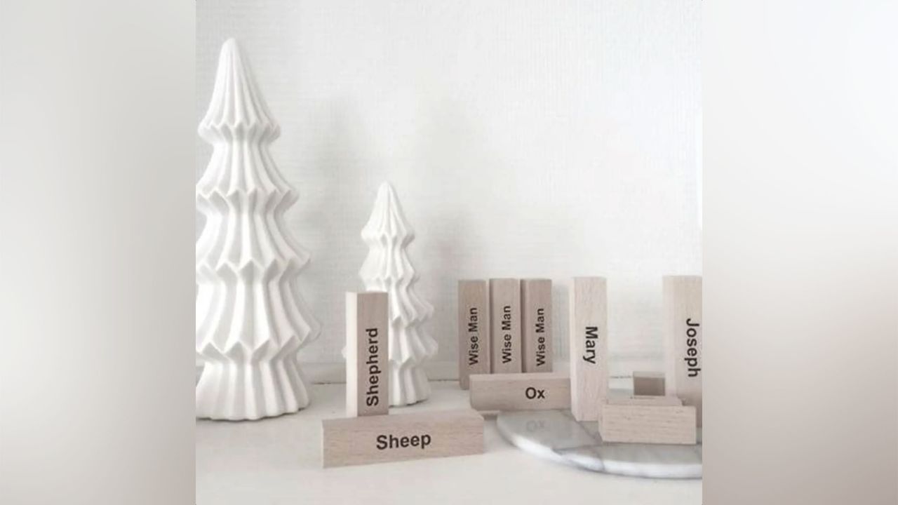 Etsy shop owner oliverfabel sells a minimal nativity set, Bauhaus-style for $25.86. 