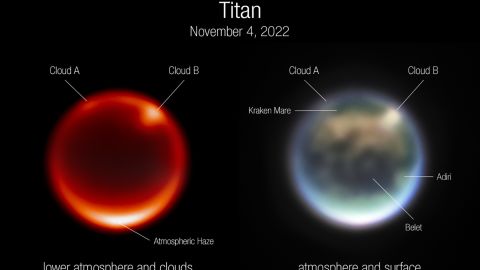 Titan'ın bu görüntüleri Webb teleskop cihazları tarafından yakalandı.  Kraken Mare adlı bir metan denizi, Belet'teki kum tepeleri ve Adiri adlı parlak bir nokta dahil olmak üzere bulutlar ve diğer özellikler etiketlendi.