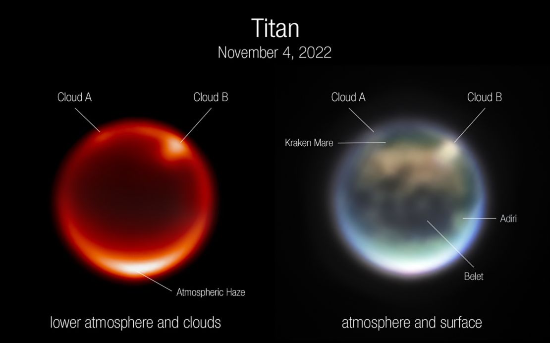 The Webb telescope's instruments captured these views of Titan. Clouds and other features are labeled, including a methane sea called Kraken Mare, the sand dunes of Belet and a bright spot called Adiri.